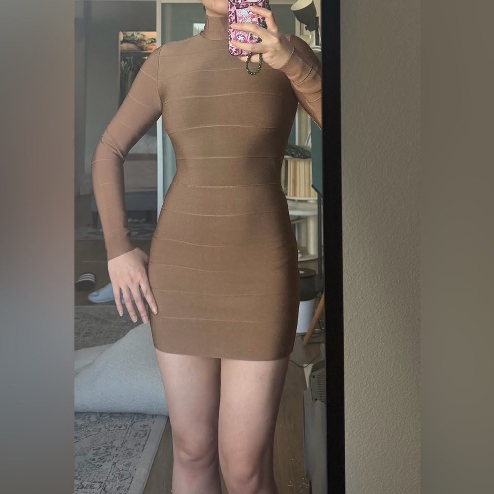 Babaton Long Sleeve Bodycon Brown Mini Dress